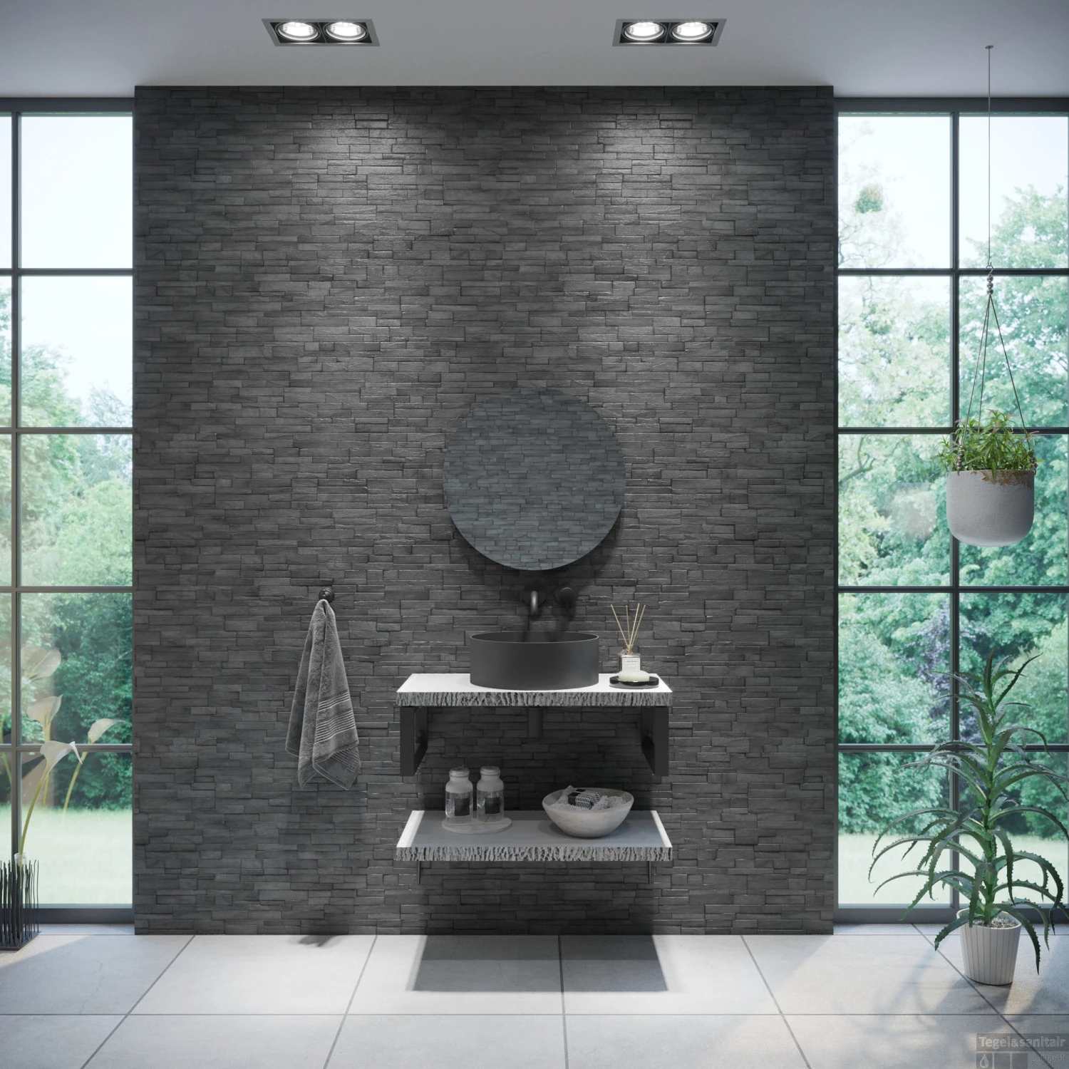 Badkamermeubelset BWS Eiken Massief Hout Bovenblad Met Boomschors 90 Cm Wit