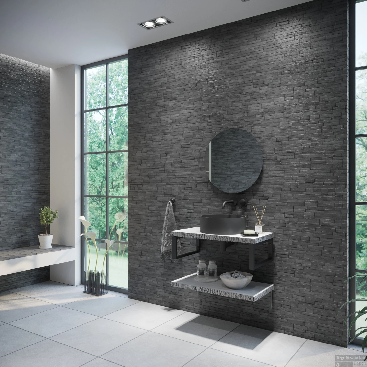 Badkamermeubelset BWS Eiken Massief Hout Bovenblad Met Boomschors 100 Cm Wit - Afbeelding 2