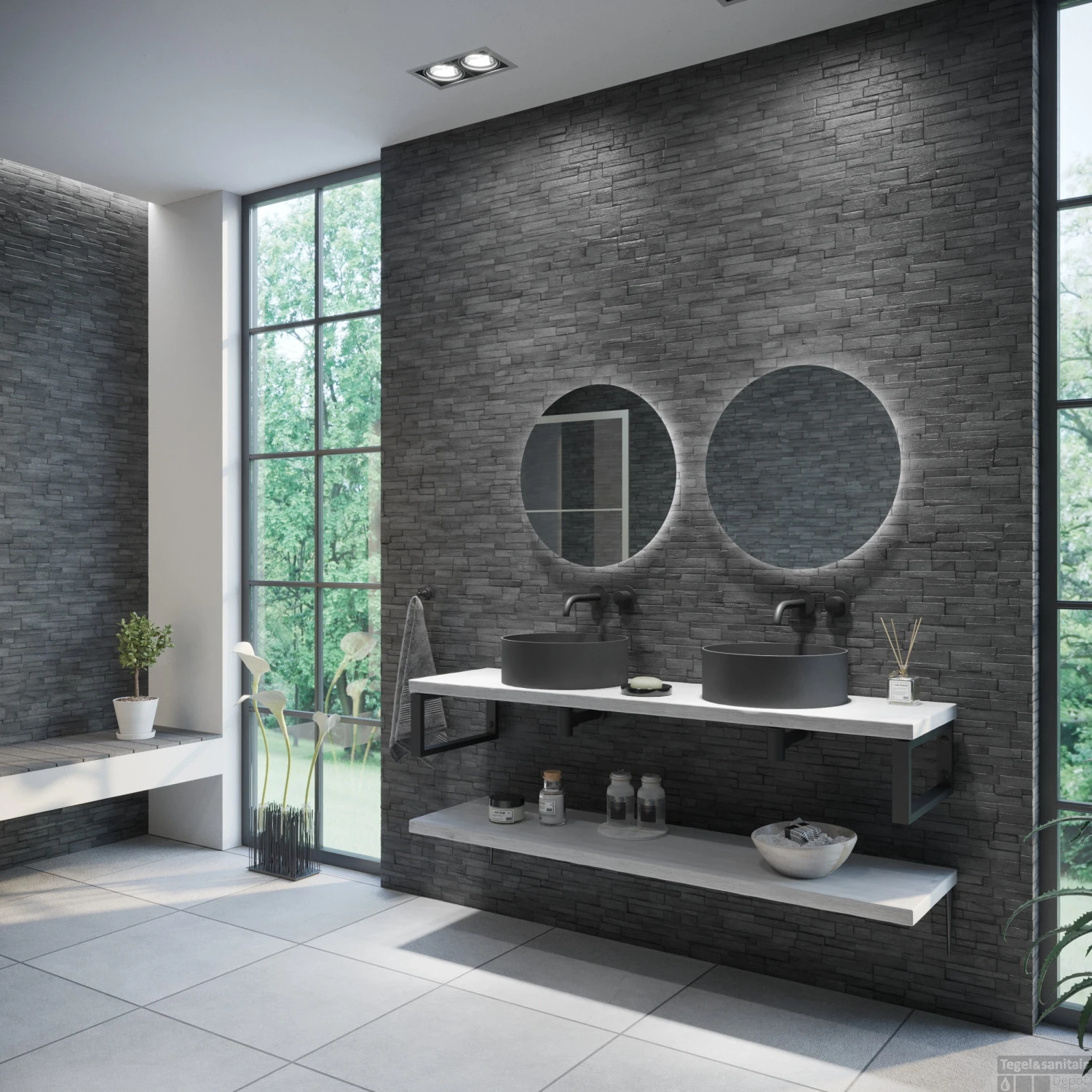 Badkamermeubelset BWS Eiken Massief Hout Bovenblad Zonder Boomschors 160 Cm Wit - Afbeelding 2