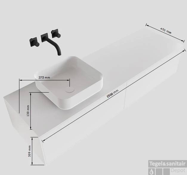 Badkamermeubelset Mondiaz LAGOM 150 Cm Met Topblad Linkse Wastafel Solid Surface Opzetkom Binx Zonder Kraangaten Mat Wit (2 Laden) - Afbeelding 4