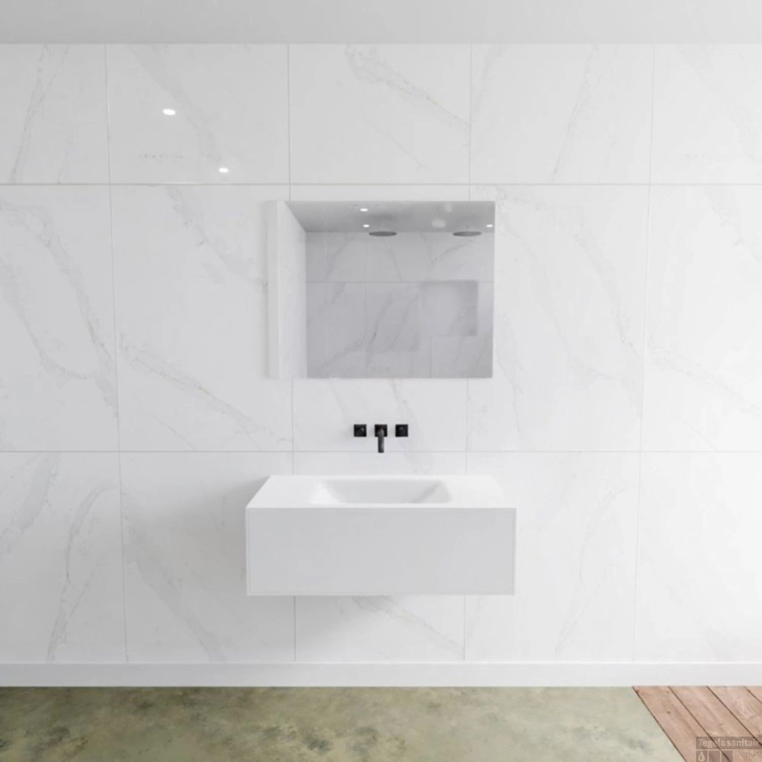 Badkamermeubelset Mondiaz LAGOM 90 Cm Gecentreerde Waskom Solid Surface Zonder Kraangaten Mat Wit (1 Lade)