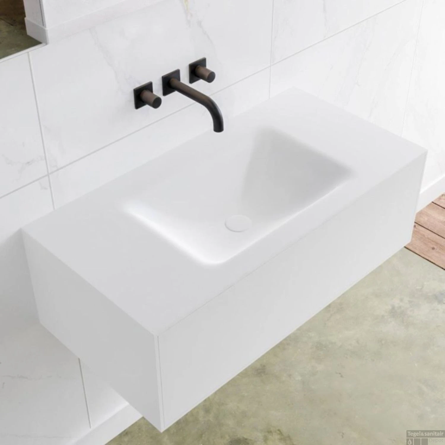 Badkamermeubelset Mondiaz LAGOM 90 Cm Gecentreerde Waskom Solid Surface Zonder Kraangaten Mat Wit (1 Lade) - Afbeelding 2