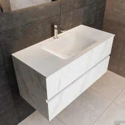 Badkamermeubel BWS Valencia Carrara Mat 100 Cm Solid Surface Wastafel (1 Kraangat, 2 Lades) -Duravit Verkoop badmeubel bws madrid 100 keramiek midden 1krg detail1