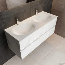Badkamermeubel BWS Madrid Carrara Mat 120 Cm Solid Surface Wastafel Dubbel (2 Kraangaten, 2 Lades) -Duravit Verkoop badmeubel bws madrid 120 solid surface dubbel 2krg detail1