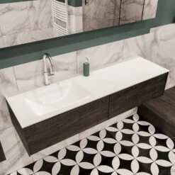 Badkamermeubel BWS Madrid Dark Brown 150x45x30 Cm Mat Witte Solid Surface Wastafel Links (2 Lades, 1 Kraangat) -Duravit Verkoop badmeubel bws madrid 150 dark brown links 2ld 1krg detail1