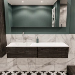 Badkamermeubel BWS Madrid Dark Brown 150x45x30 Cm Mat Witte Solid Surface Wastafel Links (2 Lades, 1 Kraangat)