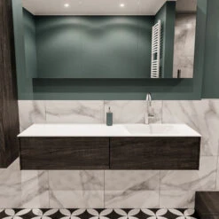 Badkamermeubel BWS Madrid Dark Brown 150x45x30 Cm Mat Witte Solid Surface Wastafel Rechts (2 Lades, 1 Kraangat)