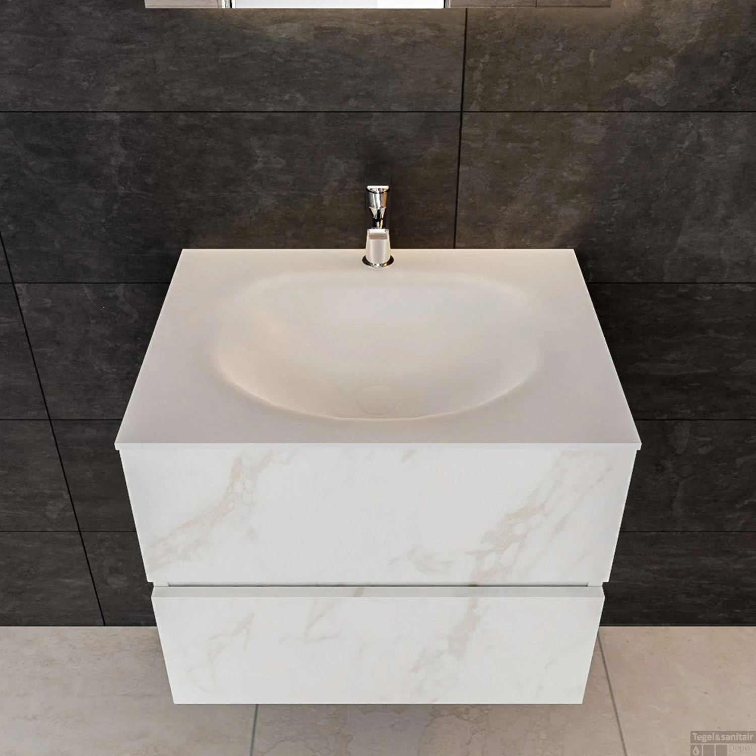 Badkamermeubel BWS Madrid Carrara Mat 60 Cm Solid Surface Wastafel (1 Kraangat, 2 Lades) 2 Badkamermeubel BWS Madrid Carrara Mat 60 Cm Solid Surface Wastafel (1 Kraangat, 2 Lades) - Afbeelding 2