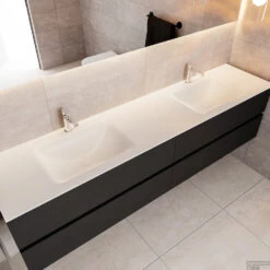 Badkamermeubel Solid Surface BWS Oslo 200x45 Cm Mat Zwart Urban Dubbel (2 Kraangaten, 4 Lades)