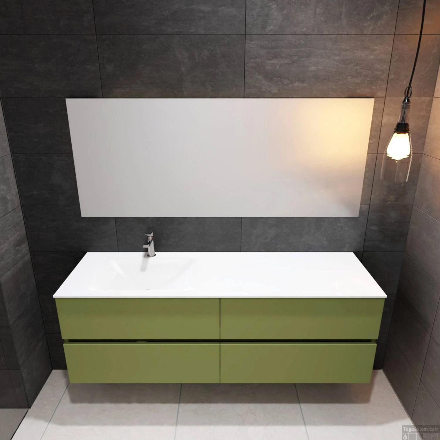 Badkamermeubel Solid Surface BWS Stockholm 200x46 Cm Mat Groen Wasbak Links (1 Kraangat, 4 Lades) - Afbeelding 3