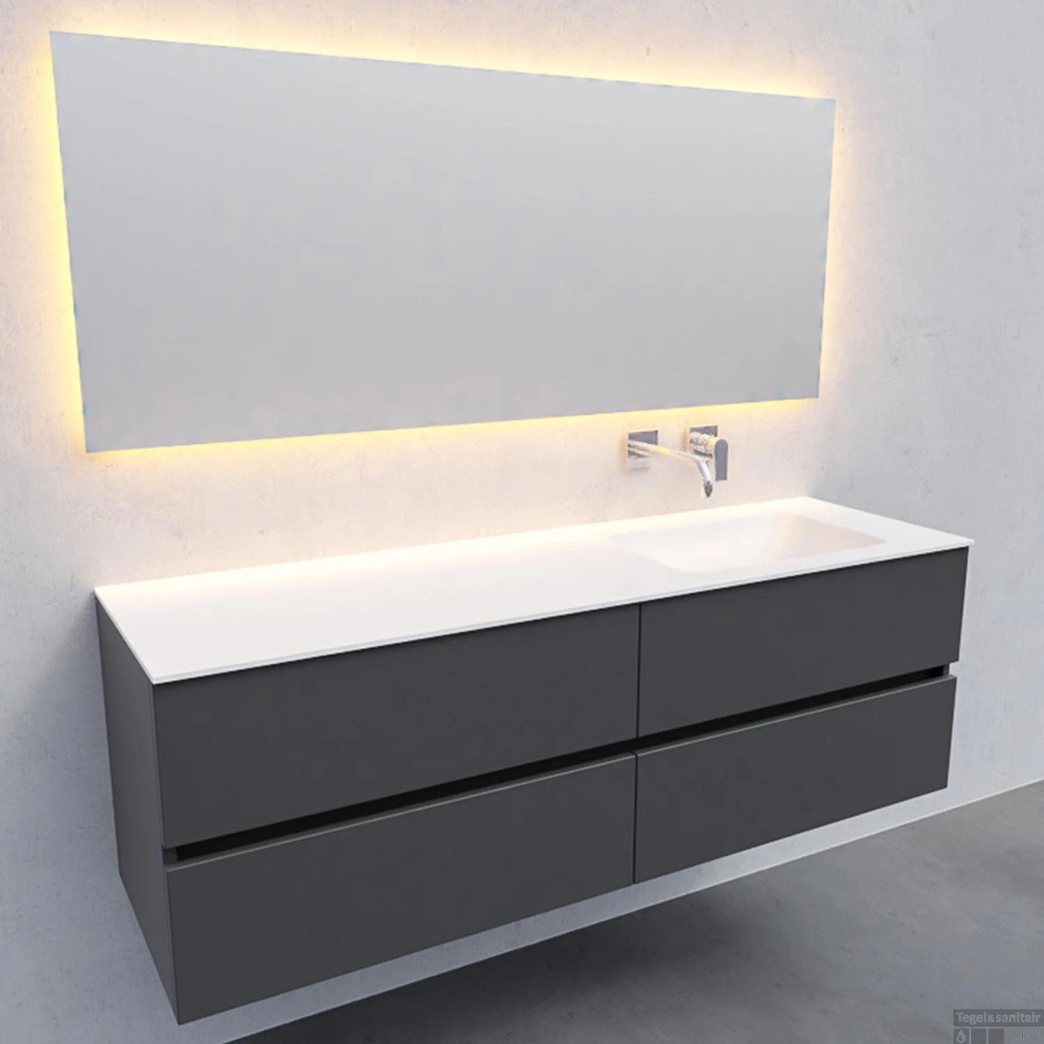 Badkamermeubel Solid Surface BWS Oslo 200x46 Cm Mat Antraciet Wasbak Rechts (0 Kraangaten, 4 Lades) 4 Badkamermeubel Solid Surface BWS Oslo 200x46 Cm Mat Antraciet Wasbak Rechts (0 Kraangaten, 4 Lades) - Afbeelding 4