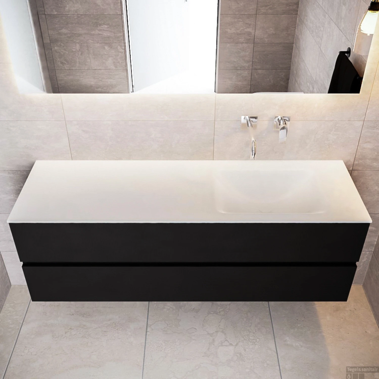 Badkamermeubel Solid Surface BWS Oslo 150x45 Cm Mat Zwart Urban Rechts (0 Kraangaten) 2 Badkamermeubel Solid Surface BWS Oslo 150x45 Cm Mat Zwart Urban Rechts (0 Kraangaten) - Afbeelding 2