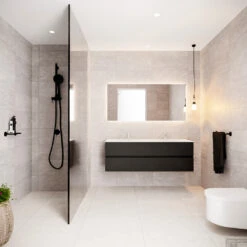 Badkamermeubel Solid Surface BWS Oslo 150x45 Cm Mat Zwart Urban Dubbel (2 Kraangaten) -Duravit Verkoop badmeubel bws oslo mat zwart 150 2lds 2krg dubbel sfeer