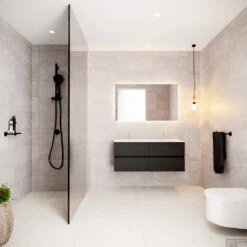 Badkamermeubel Solid Surface BWS Stockholm 120x45 Cm Mat Zwart Urban Dubbel (2 Kraangaten, 4 Lades) -Duravit Verkoop badmeubel bws stockholm mat zwart 120 4lds 2krg dubbel sfeer