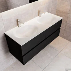 Badkamermeubel Solid Surface BWS Stockholm 120x45 Cm Mat Zwart Urban Dubbel (2 Kraangaten, 4 Lades)