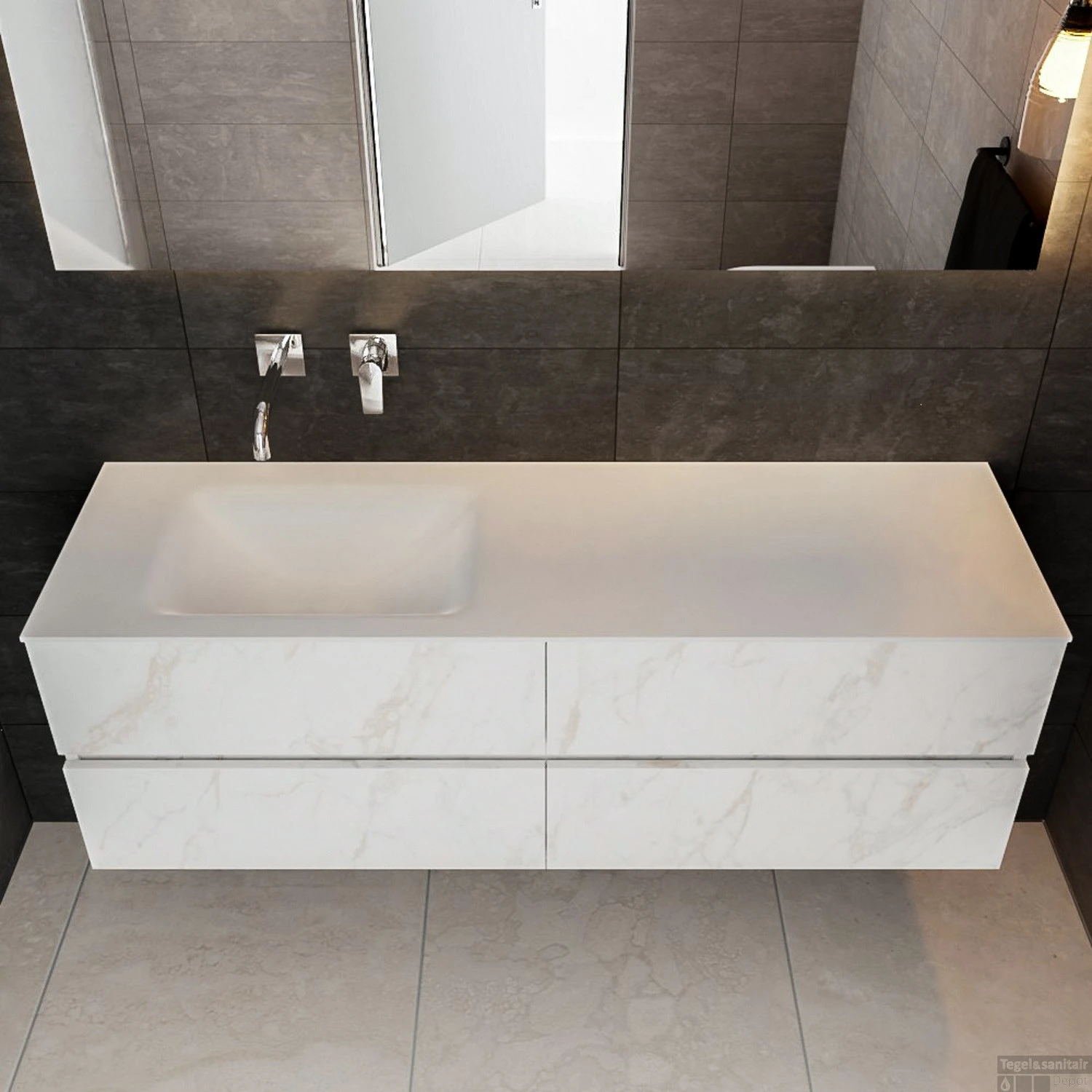 Badkamermeubel BWS Valencia Carrara Mat 200 Cm Solid Surface Wastafel Rechthoekige Wasbak Links (0 Kraangaten, 4 Lades) - Afbeelding 2