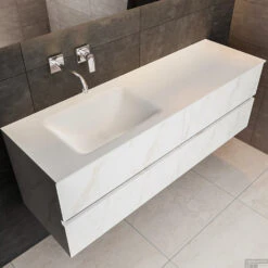 Badkamermeubel BWS Valencia Carrara Mat 200 Cm Solid Surface Wastafel Rechthoekige Wasbak Links (0 Kraangaten, 4 Lades) -Duravit Verkoop badmeubel bws valencia 200x46 cm carrara mat wasbak links 0 krg 4lds detail1