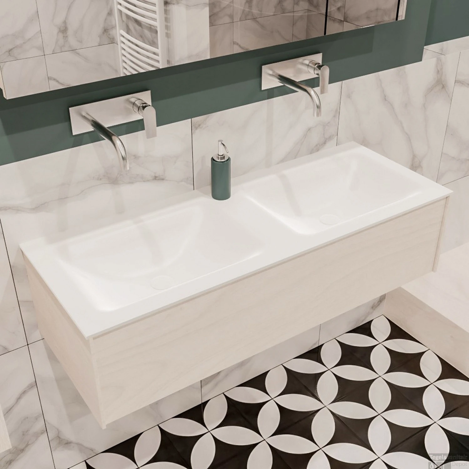 Badkamermeubel BWS Madrid Wit 120x45x30 Cm Mat Witte Solid Surface Wastafel Dubbel (0 Kraangaten) 3 Badkamermeubel BWS Madrid Wit 120x45x30 Cm Mat Witte Solid Surface Wastafel Dubbel (0 Kraangaten) - Afbeelding 3