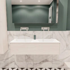 Badkamermeubel BWS Madrid Wit 120x45x30 Cm Mat Witte Solid Surface Wastafel Dubbel (0 Kraangaten)