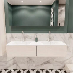 Badkamermeubel BWS Madrid Wit 150x45x30 Cm Mat Witte Solid Surface Wastafel Dubbel (2 Lades, 2 Kraangaten)