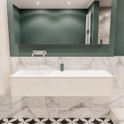 Badkamermeubel BWS Madrid Wit 150x45x30 Cm Mat Witte Solid Surface Wastafel Links (0 Kraangaten)