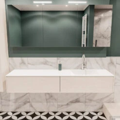 Badkamermeubel BWS Madrid Wit 180x45x30 Cm Mat Witte Solid Surface Wastafel Rechts (2 Lades, 1 Kraangat)