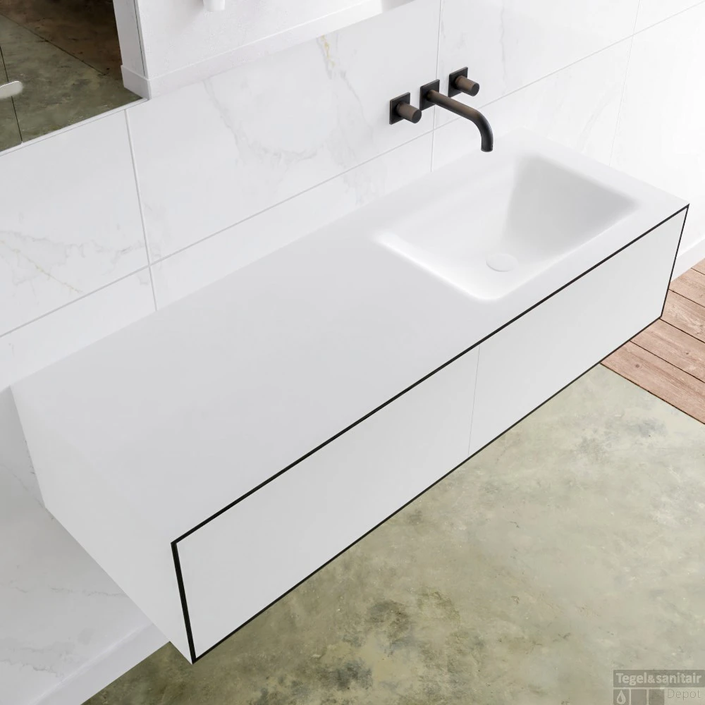 Badkamermeubelset Mondiaz LAGOM 130 Cm Rechtse Wastafel Solid Surface Zonder Kraangaten Mat Zwart (2 Laden) 2 Badkamermeubelset Mondiaz LAGOM 130 Cm Rechtse Wastafel Solid Surface Zonder Kraangaten Mat Zwart (2 Laden) - Afbeelding 2