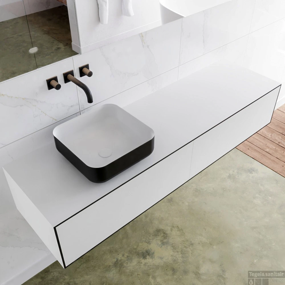 Badkamermeubelset Mondiaz LAGOM 160 Cm Topblad Met Linkse Wastafel Solid Surface Opzetkom Binx Zonder Kraangaten Mat Zwart (2 Laden) 2 Badkamermeubelset Mondiaz LAGOM 160 Cm Topblad Met Linkse Wastafel Solid Surface Opzetkom Binx Zonder Kraangaten Mat Zwart (2 Laden) - Afbeelding 2