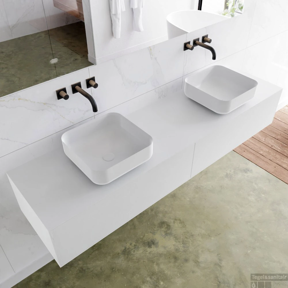 Badkamermeubelset Mondiaz LAGOM 180 Cm Met Topblad Dubbele Wastafel Solid Surface Opzetkom Binx Zonder Kraangaten Mat Wit (2 Laden) 2 Badkamermeubelset Mondiaz LAGOM 180 Cm Met Topblad Dubbele Wastafel Solid Surface Opzetkom Binx Zonder Kraangaten Mat Wit (2 Laden) - Afbeelding 2
