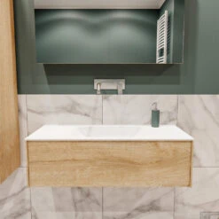 Badkamermeubel BWS Madrid Washed Oak 100x45x30 Cm Mat Witte Solid Surface Wastafel (0 Kraangaten)