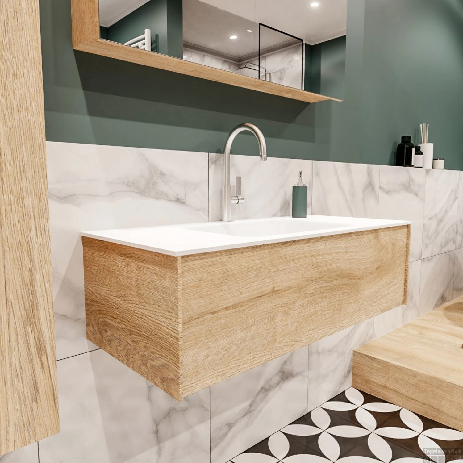 Badkamermeubel BWS Madrid Washed Oak 100x45x30 Cm Mat Witte Solid Surface Wastafel (1 Kraangat) 2 Badkamermeubel BWS Madrid Washed Oak 100x45x30 Cm Mat Witte Solid Surface Wastafel (1 Kraangat) - Afbeelding 2