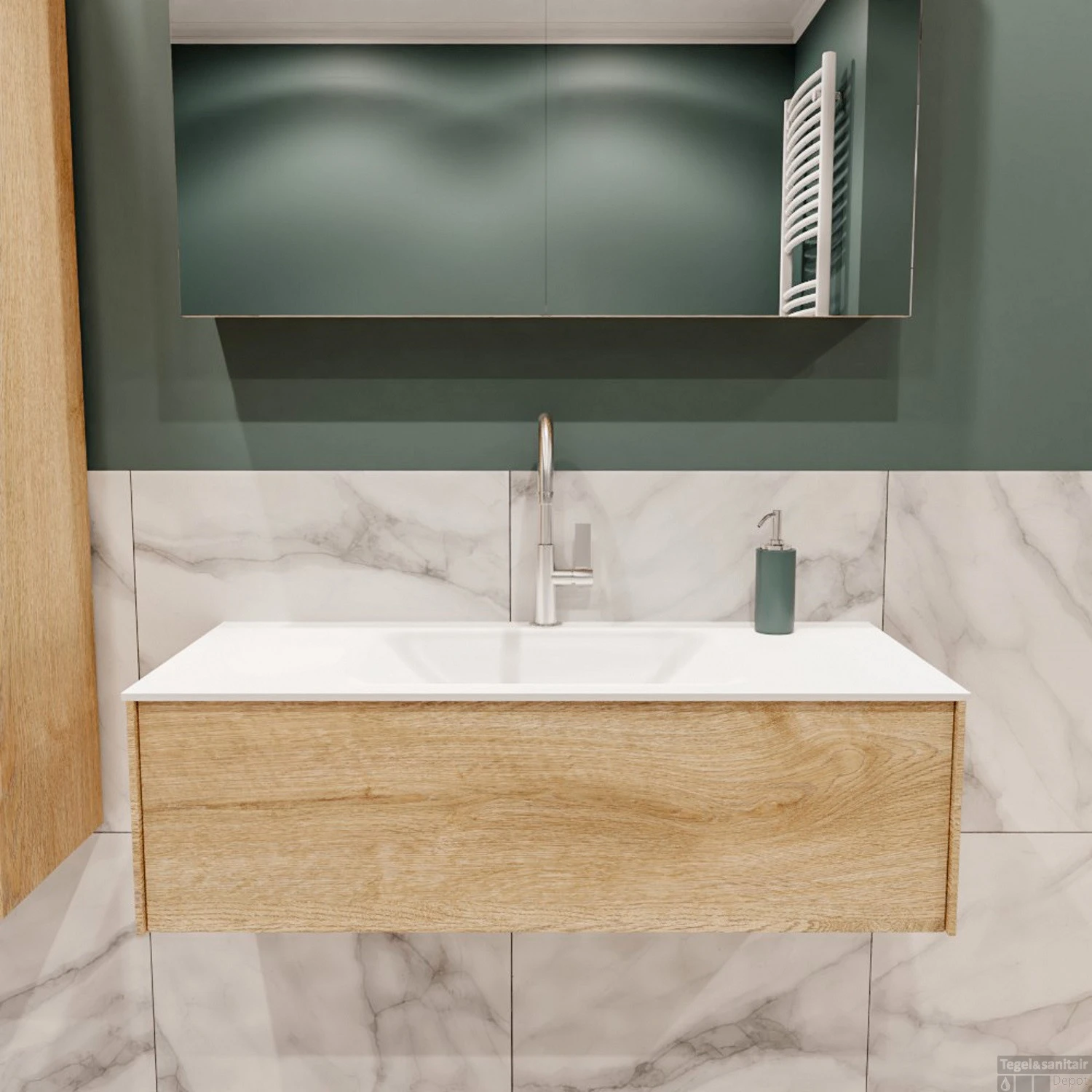 Badkamermeubel BWS Madrid Washed Oak 100x45x30 Cm Mat Witte Solid Surface Wastafel (1 Kraangat) 1 Badkamermeubel BWS Madrid Washed Oak 100x45x30 Cm Mat Witte Solid Surface Wastafel (1 Kraangat)