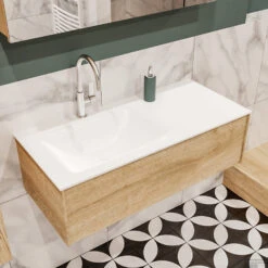 Badkamermeubel BWS Madrid Washed Oak 100x45x30 Cm Mat Witte Solid Surface Wastafel Links (1 Kraangat) -Duravit Verkoop badmeubel washed oak 100 cm links 1ld 1krg detail1