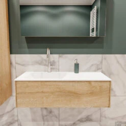 Badkamermeubel BWS Madrid Washed Oak 100x45x30 Cm Mat Witte Solid Surface Wastafel Links (1 Kraangat)