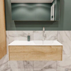 Badkamermeubel BWS Madrid Washed Oak 100x45x30 Cm Mat Witte Solid Surface Wastafel Rechts (1 Kraangat)