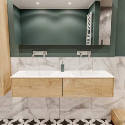 Badkamermeubel BWS Madrid Washed Oak 150x45x30 Cm Mat Witte Solid Surface Wastafel Dubbel (2 Lades, 0 Kraangaten)