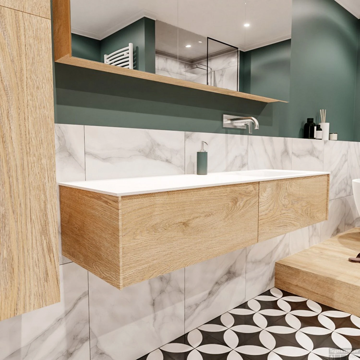 Badkamermeubel BWS Madrid Washed Oak 150x45x30 Cm Mat Witte Solid Surface Wastafel Rechts (2 Lades, 0 Kraangaten) 2 Badkamermeubel BWS Madrid Washed Oak 150x45x30 Cm Mat Witte Solid Surface Wastafel Rechts (2 Lades, 0 Kraangaten) - Afbeelding 2