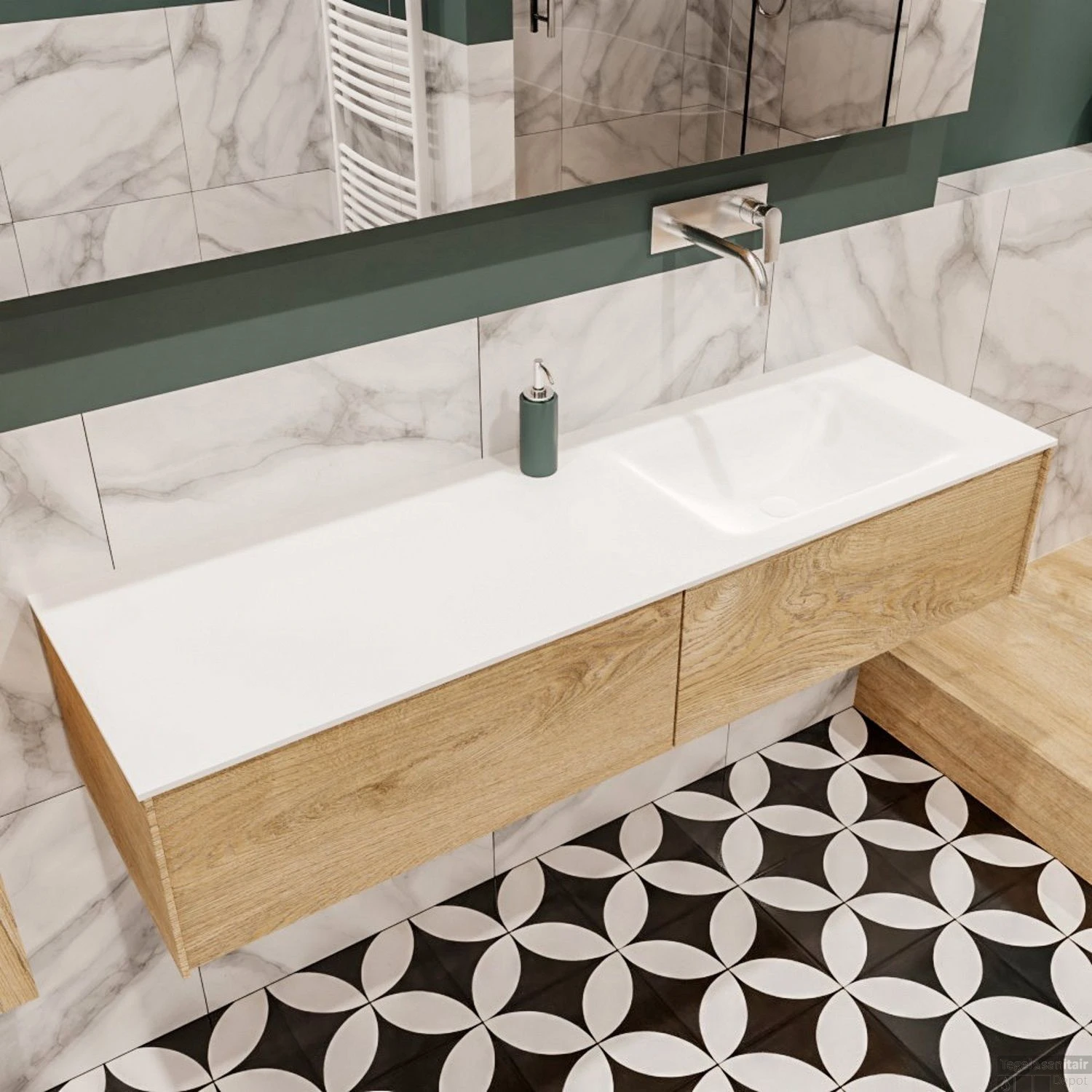 Badkamermeubel BWS Madrid Washed Oak 150x45x30 Cm Mat Witte Solid Surface Wastafel Rechts (2 Lades, 0 Kraangaten) 3 Badkamermeubel BWS Madrid Washed Oak 150x45x30 Cm Mat Witte Solid Surface Wastafel Rechts (2 Lades, 0 Kraangaten) - Afbeelding 3