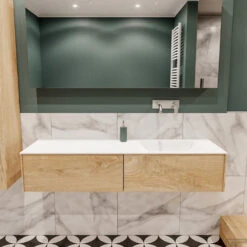 Badkamermeubel BWS Madrid Washed Oak 150x45x30 Cm Mat Witte Solid Surface Wastafel Rechts (2 Lades, 0 Kraangaten)