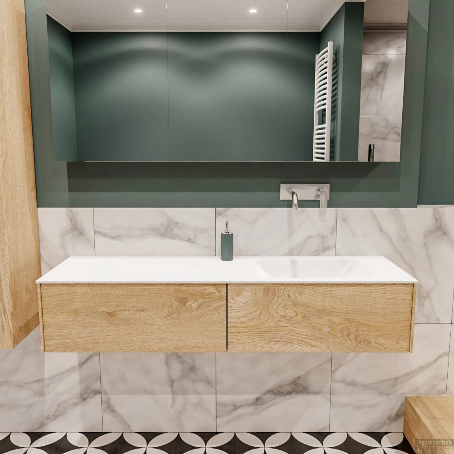 Badkamermeubel BWS Madrid Washed Oak 150x45x30 Cm Mat Witte Solid Surface Wastafel Rechts (2 Lades, 0 Kraangaten) 1 Badkamermeubel BWS Madrid Washed Oak 150x45x30 Cm Mat Witte Solid Surface Wastafel Rechts (2 Lades, 0 Kraangaten)