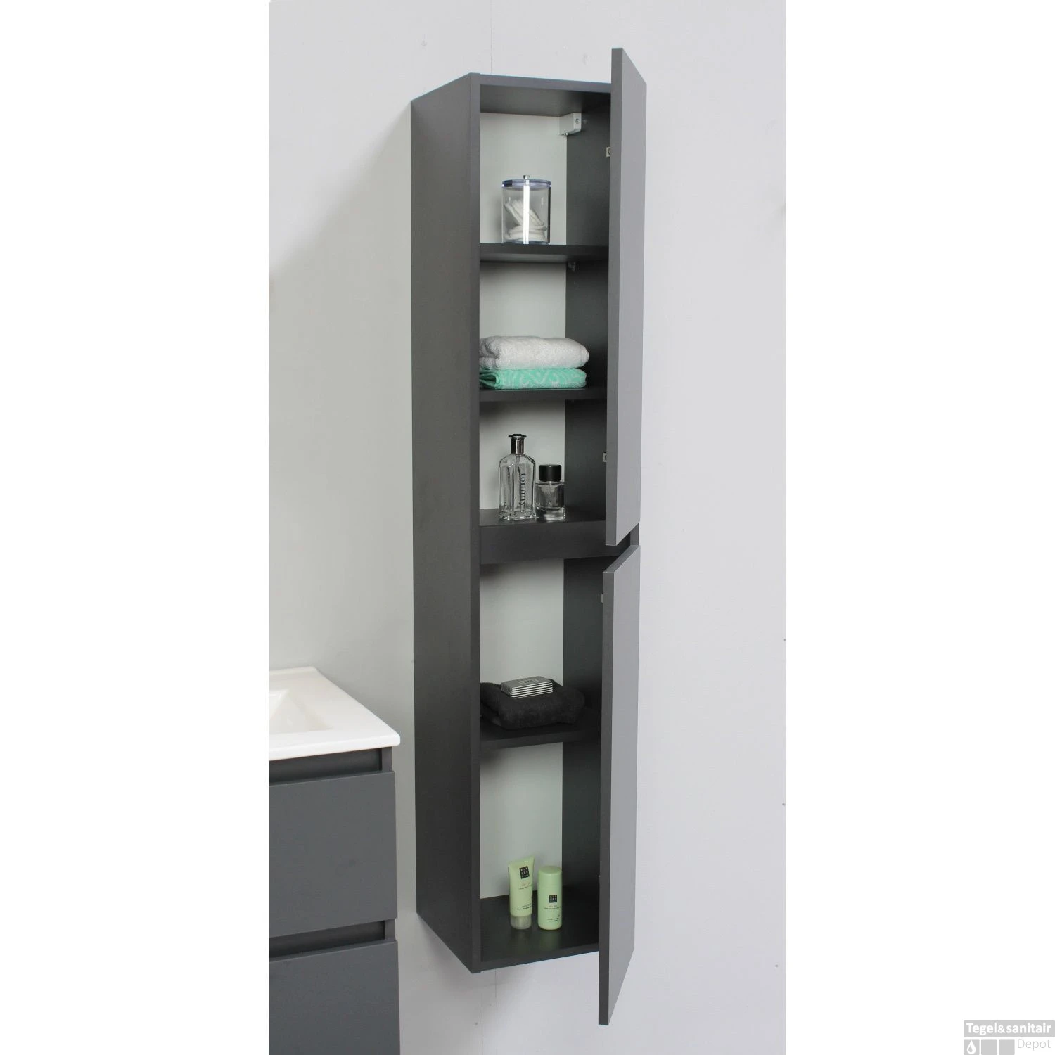 Badmeubelkast Boss & Wessing Pepper Hoge Kast Greeploos 2 Deuren 145x30x30 Cm Mat Antraciet - Afbeelding 2