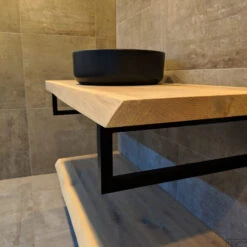 Badkamermeubel BWS Woodstone Twee Bovenbladen Met Boomstamkant 80 Cm (met Beugels En Waskom) -Duravit Verkoop badmeubelset bws woodstone 80 cm twee planken zwarte kom detail1