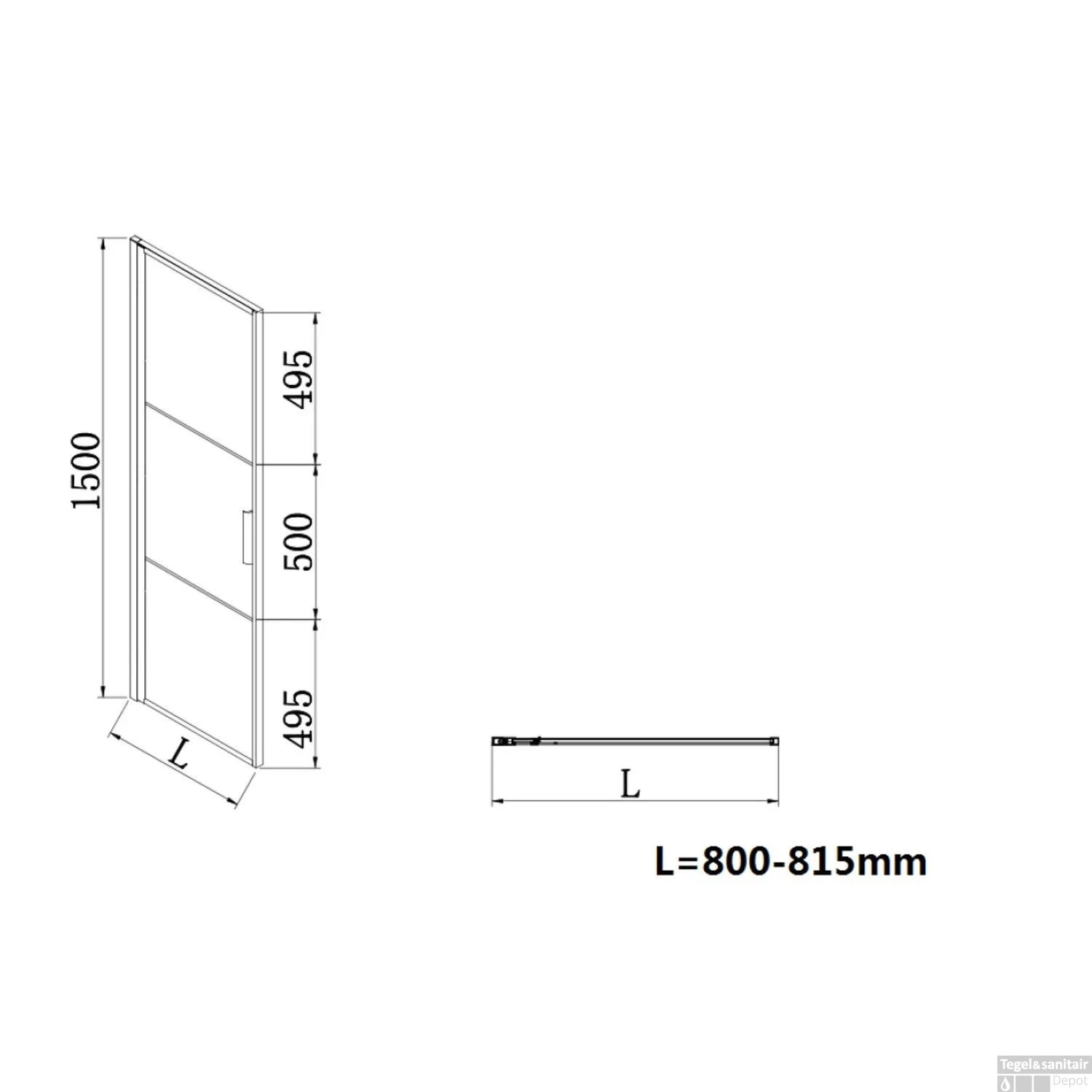 Badwand Frame 80x150 Cm 8 Mm NANO Glas Mat Zwart Raster - Afbeelding 3