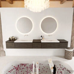 MONDIAZ BUKLA 280cm Badmeubel Met Module 40 Kleur Dark Brown Met 5 Lades. Wastafel CLOUD Dubbel 0 Kraangaten Kleur Talc.