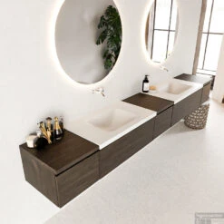 MONDIAZ BUKLA 280cm Badmeubel Met Module 40 Kleur Dark Brown Met 5 Lades. Wastafel CLOUD Dubbel 0 Kraangaten Kleur Talc. -Duravit Verkoop bukla2 modulair dark brown planchet talc top 0036