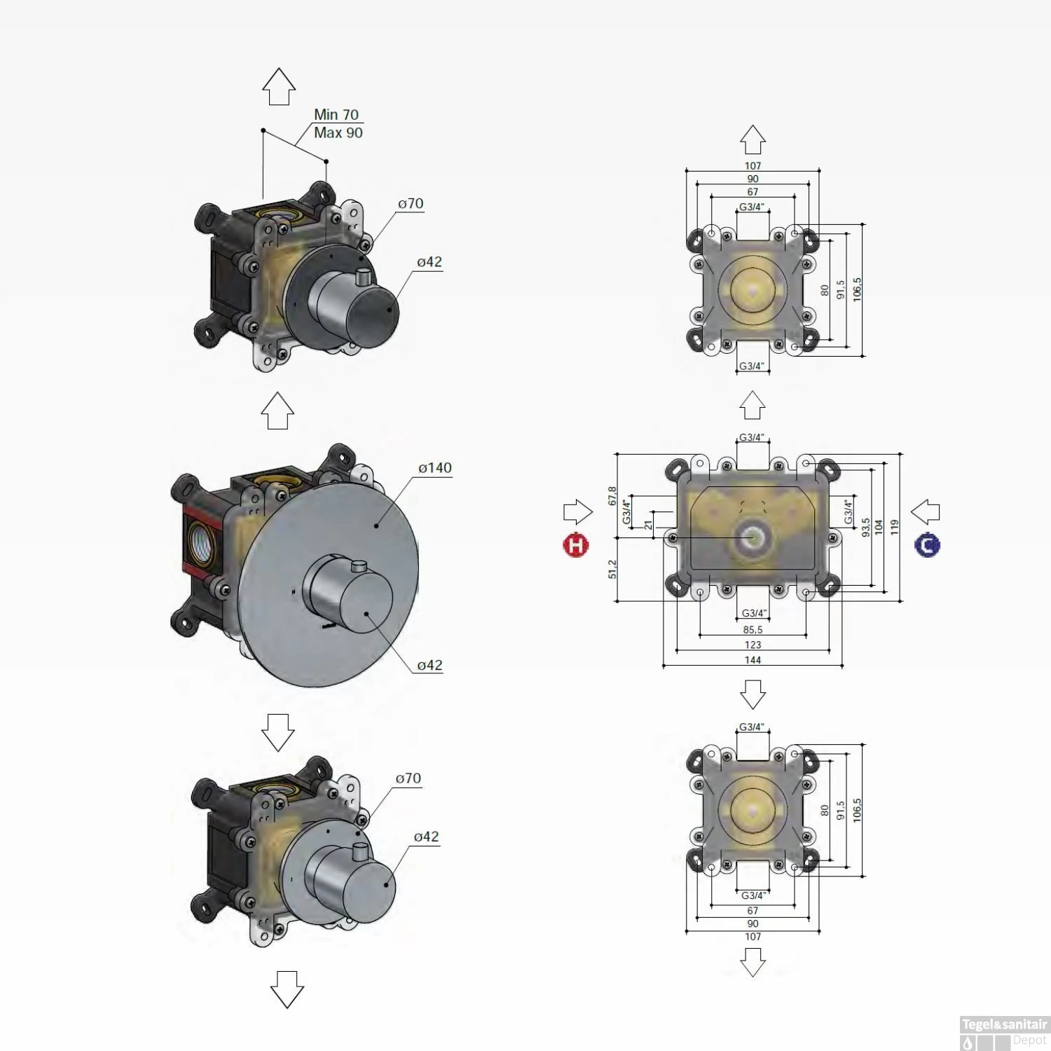 Douchethermostaat Hotbath Cobber Inbouw 2 Stopkranen Geborsteld Messing (excl. Inbouwdeel) 6 Douchethermostaat Hotbath Cobber Inbouw 2 Stopkranen Geborsteld Messing (excl. Inbouwdeel) - Afbeelding 6