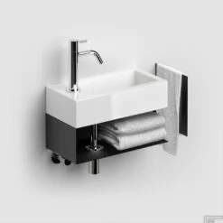 Clou Fonteinkast Open Met Handdoekhouder Tbv Flush Fontein Zwart (Kraangat Links) -Duravit Verkoop cl 07.36.032.21 with white towels 4