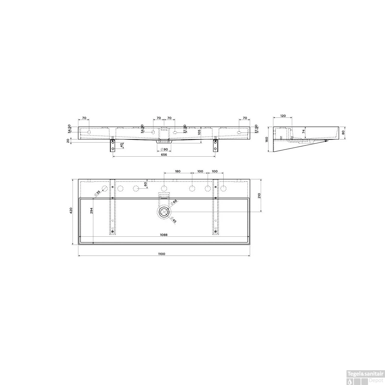 Clou New Wash Me Wastafel 110x42x8cm Met 3 Voorbewerkte Kraangaten Glanzend Wit Keramiek - Afbeelding 6