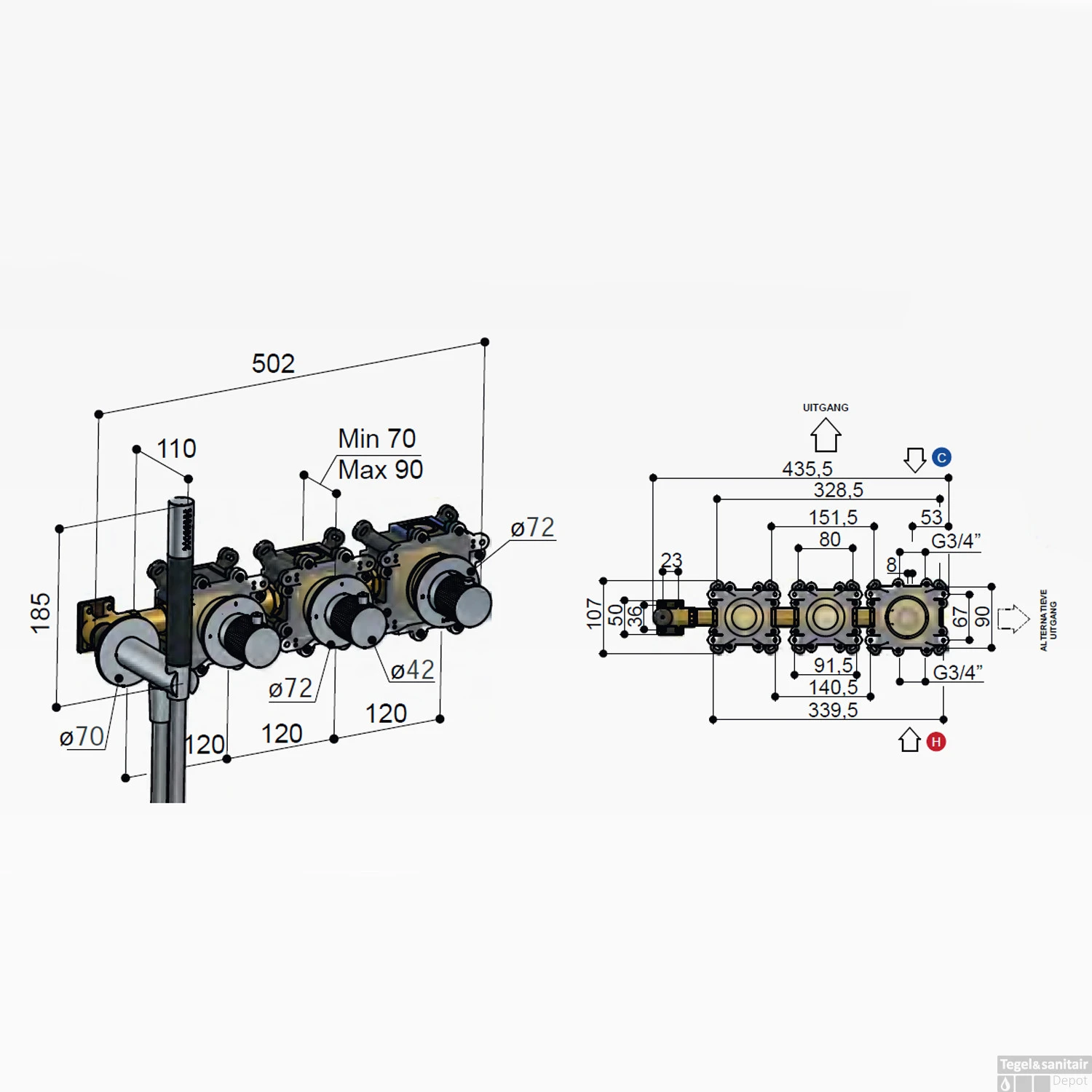 Thermostatische Douche/Badkraan Hotbath Cobber X Inbouw Met 2 Stopkranen En Handdouche Geborsteld Messing PVD - Afbeelding 4