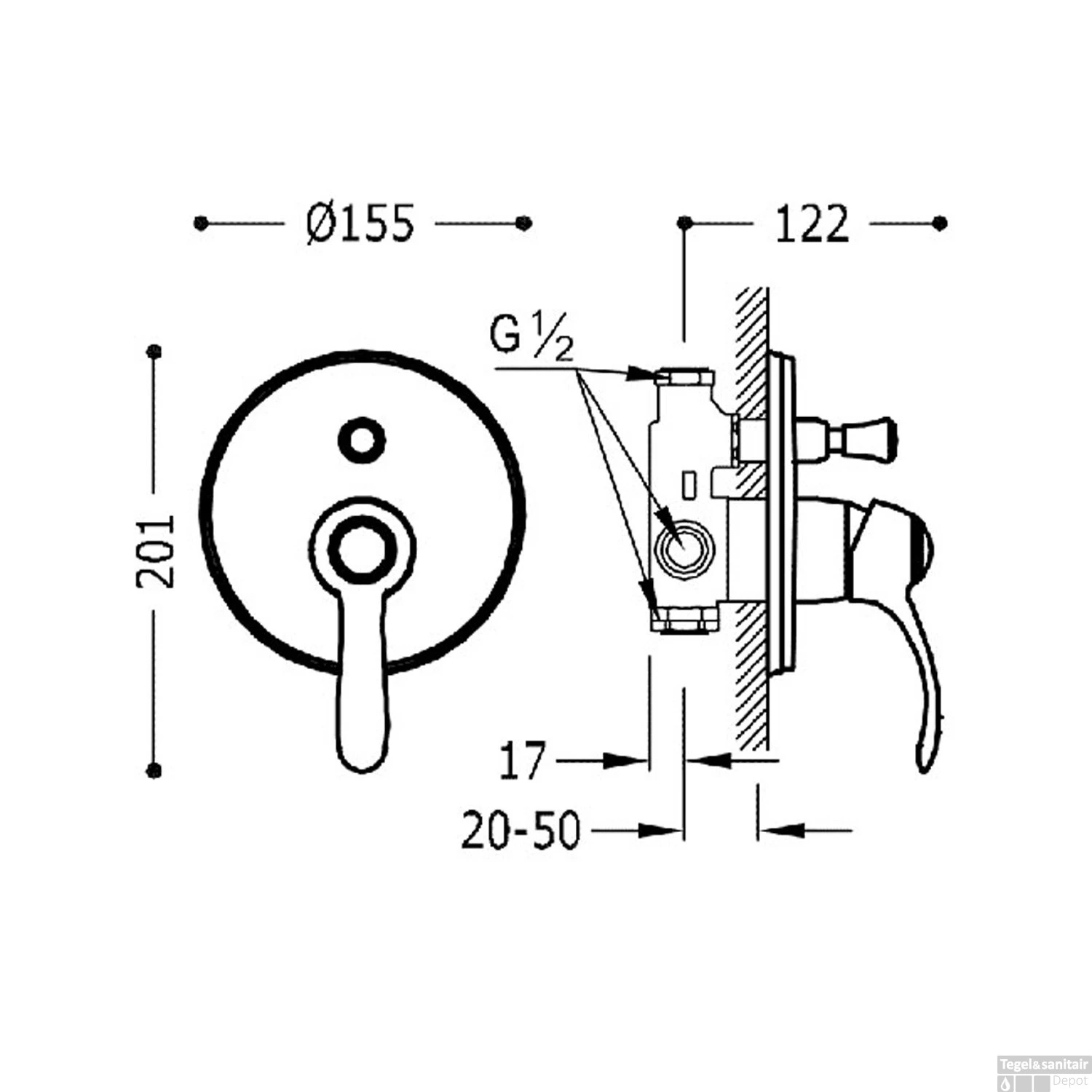 Douchekraan Tres Clasic Inbouw 1 Hendel 2-Wegs Chroom 2 Douchekraan Tres Clasic Inbouw 1 Hendel 2-Wegs Chroom - Afbeelding 2
